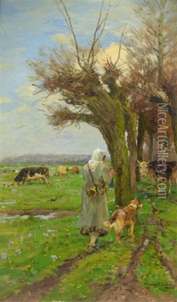Rinderhirtin Mit Hund Oil Painting - Hugo Muehlig