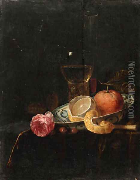 A partly peeled lemon and an orange in a blue and white Wanli 'kraak' porselein dish, a roemer a wineglass and a rose on a draped table Oil Painting - Jacob van Hulsdonck