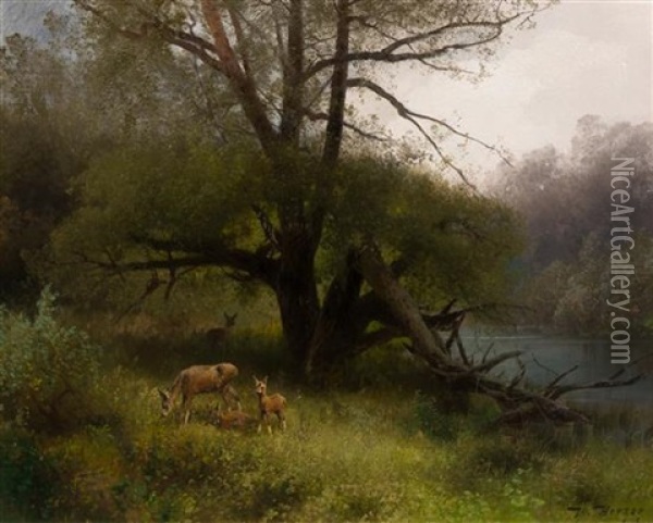 Deer Family Oil Painting - Hermann Herzog