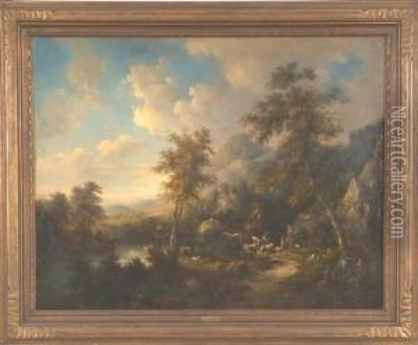 Allegorical Landscape With Figuresand Animals In Valley By Stream Oil Painting - Johannes Maria Monsorno