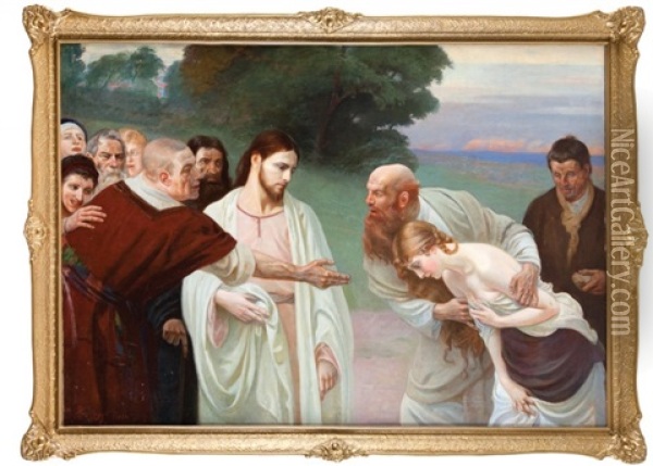 Chrystus I Jawnogrzesznica Oil Painting - Jozef (von) Unierzyski