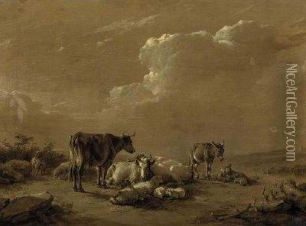 A Shepherd With His Donkey By 
The Cattle On The Fields. Grisaille Painting. Signed And Dated Bottom 
Right: Eugene Verboeckhoven 1867. Oil On Canvas. 50 X 69cm. Framed Oil Painting - Eugene Joseph Verboeckhoven