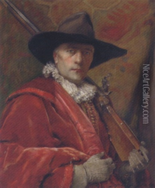 Portrait Of A Dashing Cavalier Holding A Musket Oil Painting - Alex De Andreis