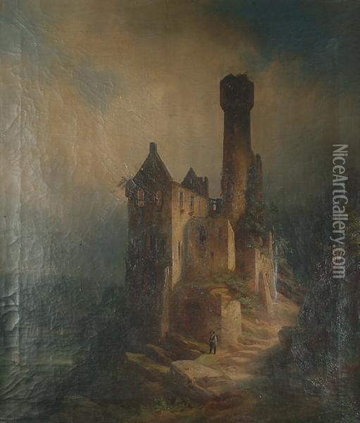 A Traveller Outside A Ruined Castle, With A River Scene In The Background. Oil Painting - Theodor Verhas