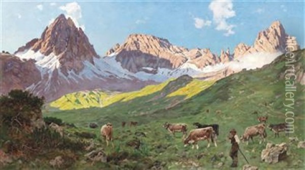 Early Morning In The Parzinn  (lechtaler Alps, Tyrol) Oil Painting - Ernst Heinrich Platz