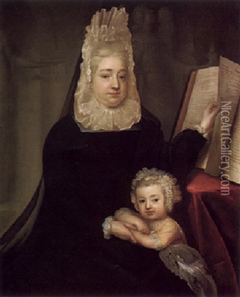 Portrait Of Rachel, Lady Russell And Her Son Wriothesley Wearing A Black Dress And White Headdress, Her Laft Hand Turning A Page Of The Book Of Proverbs Oil Painting - John Riley