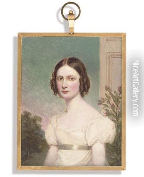 Lady John Chichester, In Lace-bordered White Dress With Short Puffed Sleeves Oil Painting - James Leakey