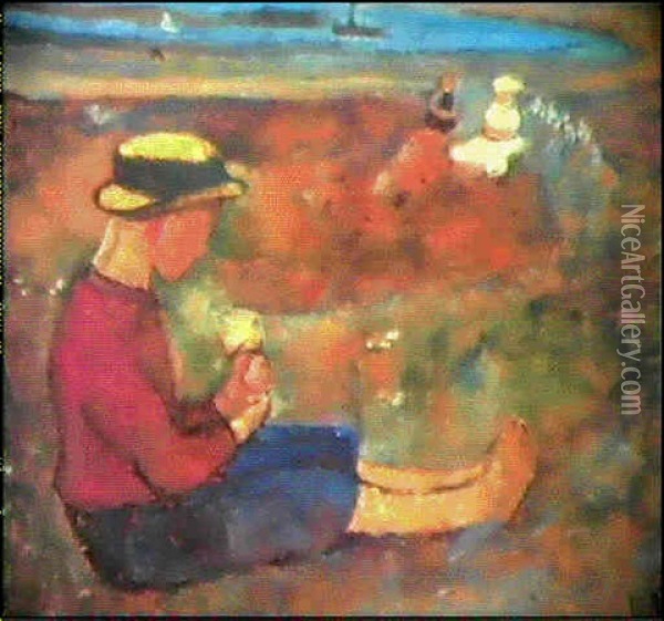 Sitzendes Kind Mit Blumen In Marschlandschaft Oil Painting - Paula Modersohn-Becker