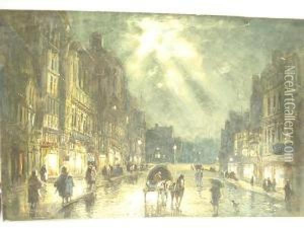 Moonlit City Street Oil Painting - William Manners