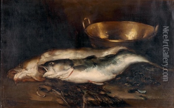 Grosses Fischstillleben Mit Kupferkessel Oil Painting - Raymond Allegre