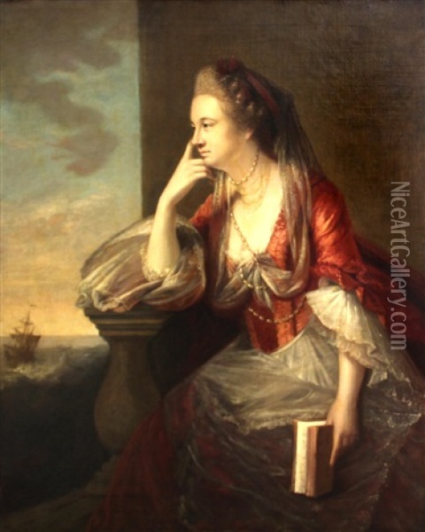 A Portrait Of A Lady, Thought To Be Maria, Duchess Of Gloucester, Three-quarter Length, Seated By A Balustrade, A Sailing Ship In The Distance Oil Painting - Tilly Kettle