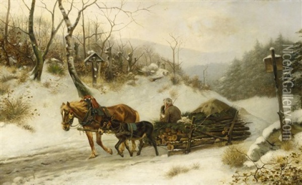 Winterwald Mit Einem Holzschlitten Oil Painting - Ludwig Benno Fay