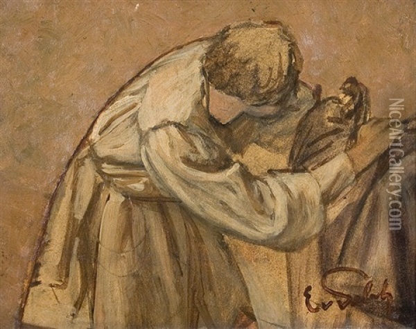 Man Saddling Oil Painting - Eduard (Karl-Franz) von Gebhardt