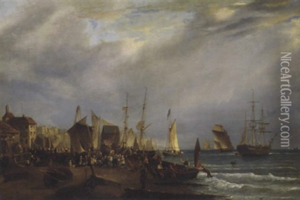 The Bustling Quays And Foreshore At Old Dover Harbour Oil Painting - Richard Hume Lancaster