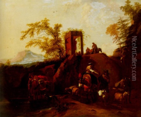 Travellers Watering Their Horses And Conversing With A Shepherd By His Livestock, Other Shepherds Adoring A Shrine Nearby, Mountains Beyond Oil Painting - Johannes van der Bent