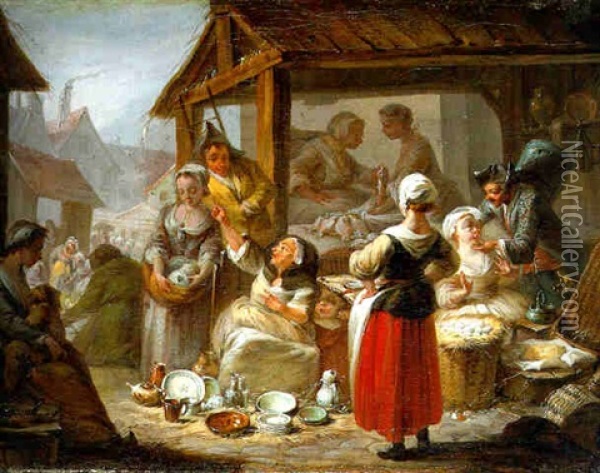 A Country Market With Peasants Trading Fish, Eggs, And Pottery From A Village Stall Oil Painting - Etienne Jeaurat