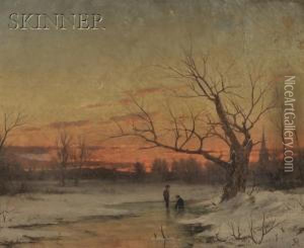 Two Figures On A Frozen Winter Stream At Dusk Oil Painting - John Adams Parker