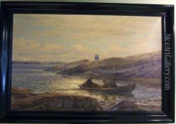 Eka Med Fiskare I Flodvass. Oil Painting - Harry Pennell