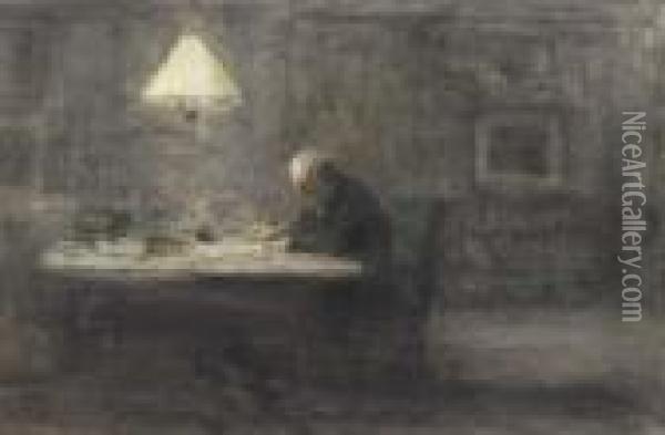 Onder De Lamp: A Self Portrait Of The Artist Writing In His Study Oil Painting - Jozef Israels