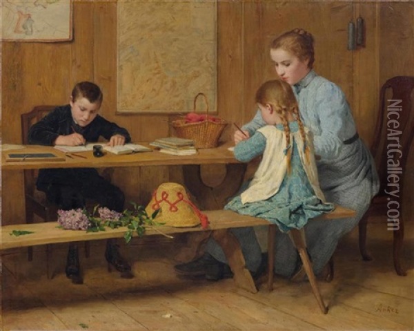 Kinder Bei Den Hausaufgaben Oil Painting - Albert Anker