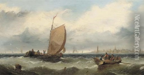 Running Inshore (+ Fishermen Hauling In Their Nets; Pair) Oil Painting - Edwin Hayes