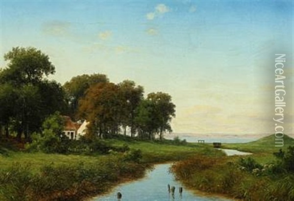 A Danish Summer Landscape With A Thatched House Oil Painting - Axel Thorsen Schovelin