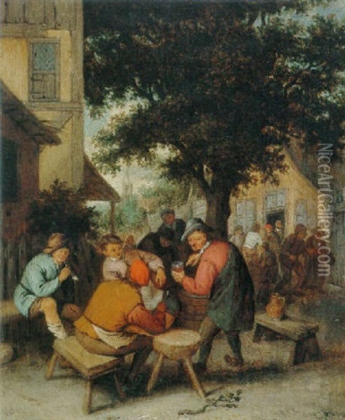 Pleasants Drinking And Smoking In A Village Courtyard Oil Painting - Cornelis Dusart
