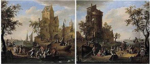 A River Landscape With Figures On Both Banks And In A Ferry, A Round Tower Beyond Oil Painting - Franz Ferg
