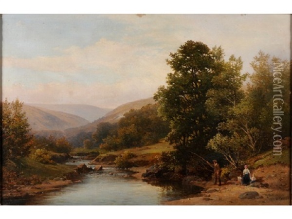 On The Teign (fishing On The Banks Of The River) Oil Painting - William (of Plymouth) Williams