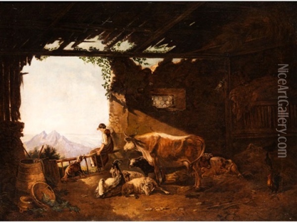 Blick In Ein Stallgebaude Mit Ausblick Aufs Hochgebirge Oil Painting - Johann Jakob Dorner the Younger