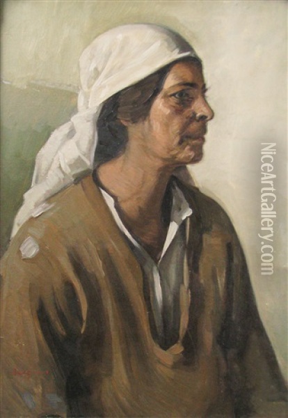 Woman With White Kerchief Oil Painting - Petru Bulgaras
