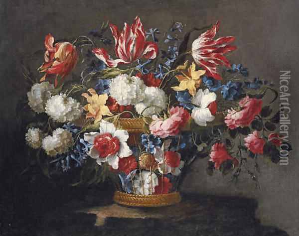 Snowballs, daffodils, tulips, roses and other flowers in a wicker basket on a ledge Oil Painting - Juan De Arellano