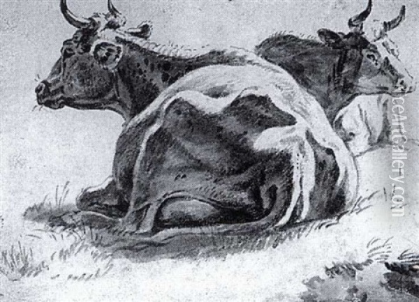 Two Cows In Repose Oil Painting - Johann Heinrich Roos