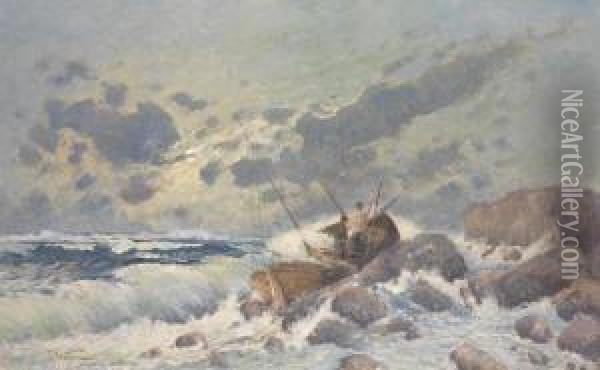 Fischerbootscheitert In Der Brandung Oil Painting - Theodor Alexander Weber