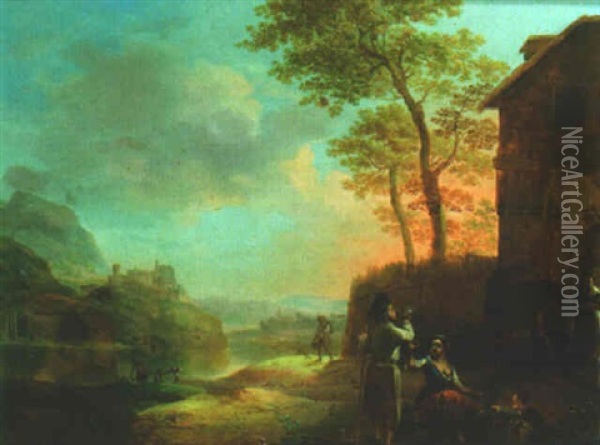 River Landscape With Peasants Drinking Outside An Inn Oil Painting - Justus Juncker