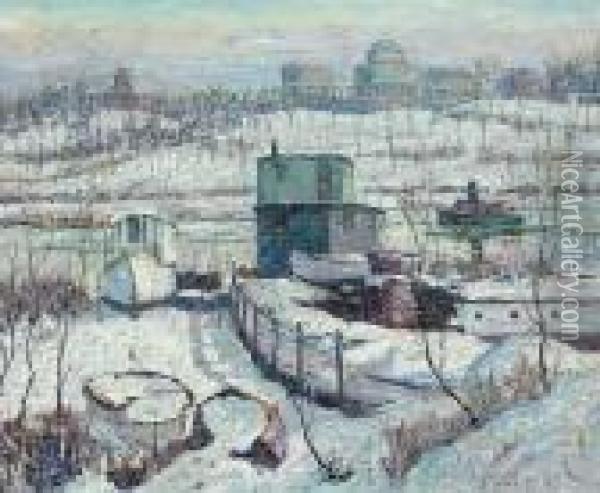 Boathouse, Winter, Harlem River Oil Painting - Ernest Lawson