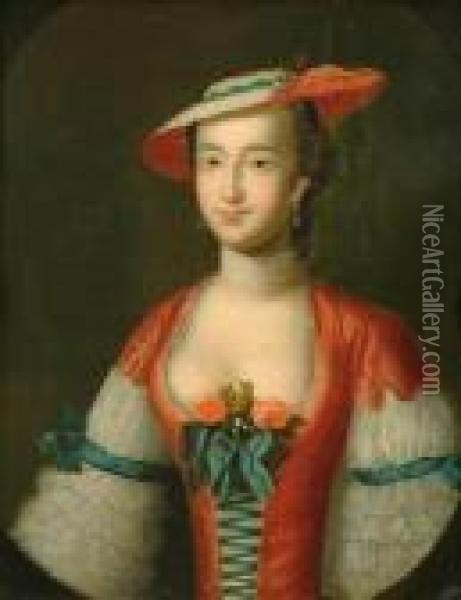 Portrait Of A Ladyhalf Length, Wearing A Low Cut Dress With Red Bodice And Straw Hat Oil Painting - Philippe Mercier