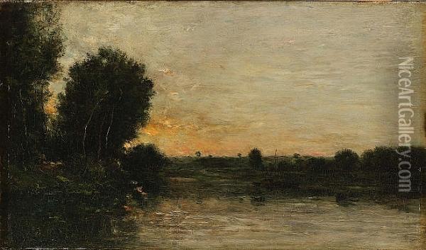 A River Landscape, Possibly Les Bords De L'oise Oil Painting - Charles-Francois Daubigny