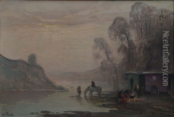 Les Roulottes Au Bord De Riviere Oil Painting - Henri-Louis Foreau