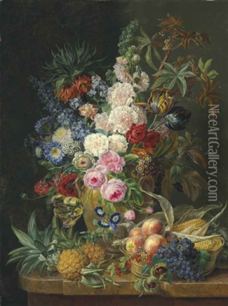 Roses, Carnations, Sweet William And Other Flowers In An Alabaster Vase, With Pineapples And A Basket Of Fruit And Vegetables, On A Marble Ledge Oil Painting - Moise Jacobber