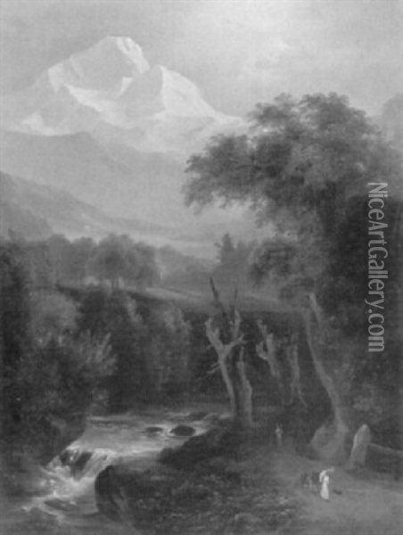 Gebirgslandschaft Mit Fluss Und Staffagefiguren Oil Painting - Carl Franz Rudolf Volmar