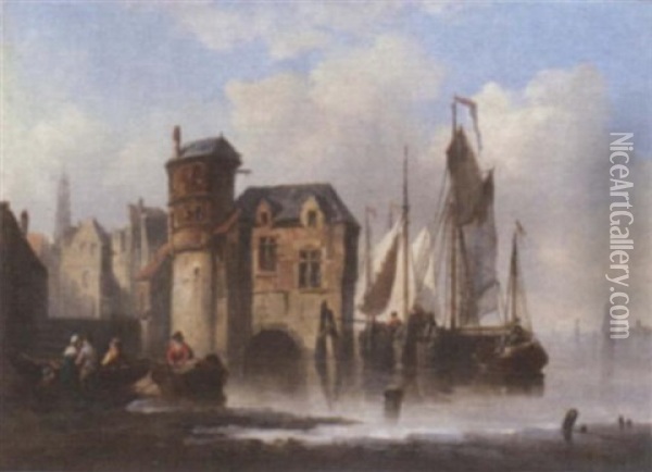 Barges Moored Off A Merchant's House In The Low Countries Oil Painting - Johannes Hermanus Barend Koekkoek