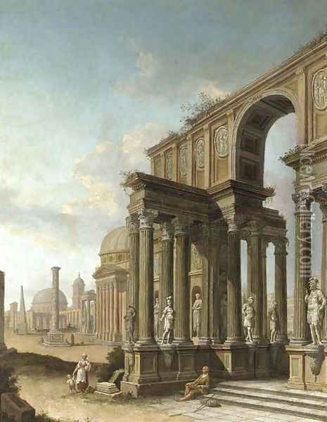 A capriccio of Roman ruins, with the Pantheon, the Column of Trajan and other buildings and figures Oil Painting - Domenico Roberti