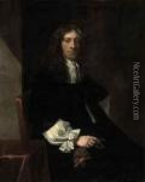 Portrait Of A Gentleman, 
Three-quarter-length, Seated, In A Black Robe And White Collar, Holding A
 Glove Oil Painting - Sir Peter Lely