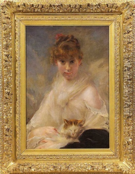 Young Girl With Cat Oil Painting - Charles Joshua Chaplin