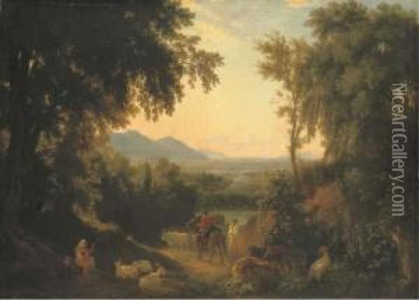 An Italianate Landscape, With Peasants And Livestock In Theforeground Oil Painting - William Linton