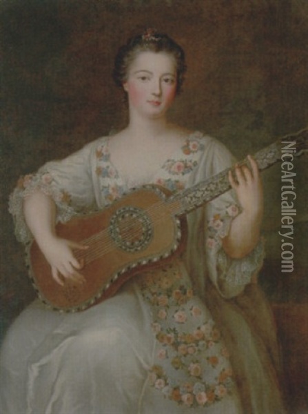 Portrait Of A Young Lady Wearing A Floral And Ivory Lace-trimmed Dress, Playing The Guitar Oil Painting - Jean Marc Nattier