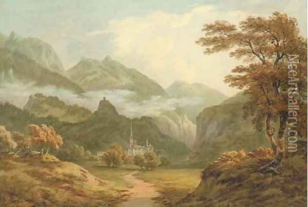 View near the head of Lake Thun, Switzerland Oil Painting - John Warwick Smith