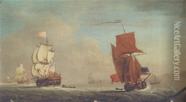 An Admiralty Yacht Running Past A Large East Indiaman With Other Shipping Beyond Oil Painting - Peter Monamy