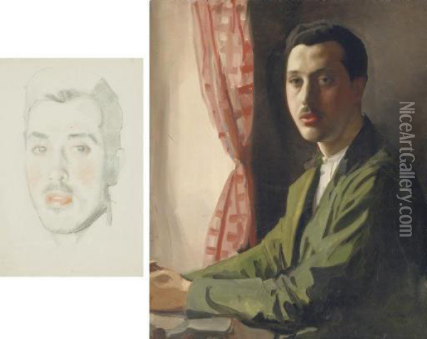 Portrait Of A Young Man With A Moustache Oil Painting - Konstantin Andreevic Somov